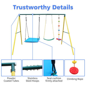 English Elm 3 in 1 Backyard Swing Set Steel A-frame with Belt Saucer and Climbing Rope W1408P169746
