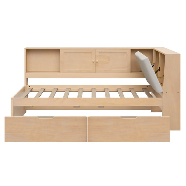 English Elm Wooden Twin L-shaped Corner Bed Pine Frame Bookcase Storage Usb Charging Ports BS701P337660N