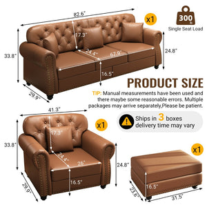 English Elm Upholstered Faux Leather Chesterfield Sofa Mid-century Tufted Nailhead Trim 3 Seater Brown W1885S00435