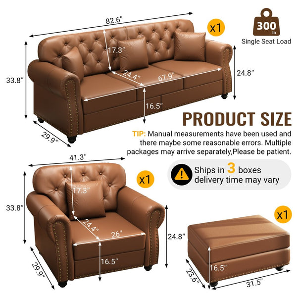 English Elm Upholstered Faux Leather Chesterfield Sofa Mid-century Tufted Nailhead Trim 3 Seater Brown W1885S00435