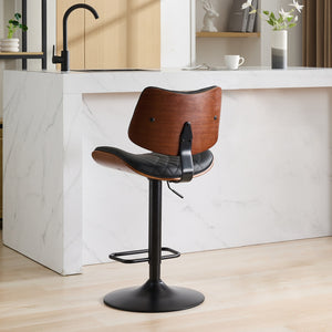 English Elm Walnut Mid-Century Bentwood Swivel Bar Stool — Ergonomic Faux Leather Seat, Wide Stable Base Black PU W1143P173514