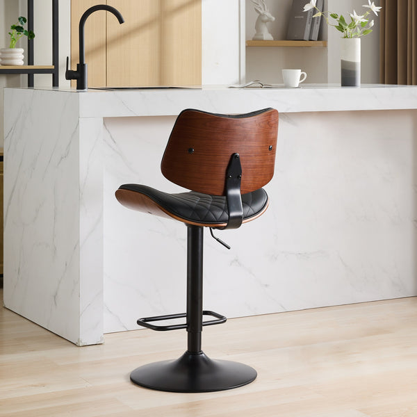 English Elm Walnut Mid-Century Bentwood Swivel Bar Stool — Ergonomic Faux Leather Seat, Wide Stable Base Black PU W1143P173514