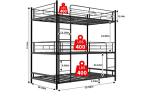 English Elm Heavy-duty Triple Bunk Bed Steel Frame with Full Guardrails and Dual Ladders Black W1935S00005