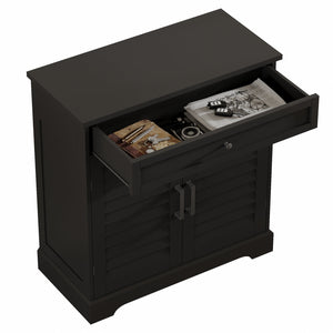 English Elm 16 Pair Shoe Cabinet Tall Freestanding Entryway Organizer with Drawer, Louvered Doors, Durable MDF Storage Black T3771P373139