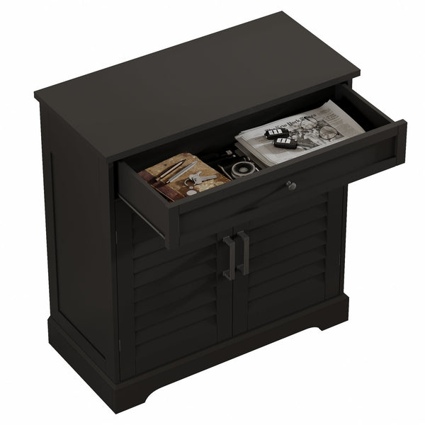 English Elm 16 Pair Shoe Cabinet Tall Freestanding Entryway Organizer with Drawer, Louvered Doors, Durable MDF Storage Black T3771P373139