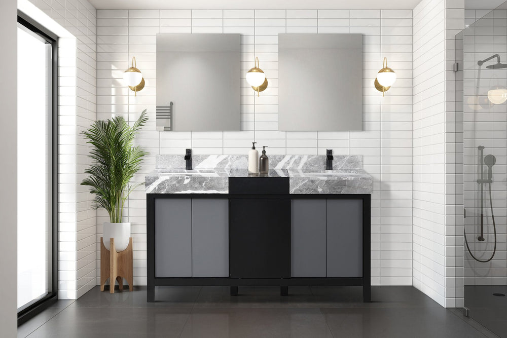 English Elm Black Double Bath Vanity 60" W With Castle Grey Marble Top, Matte Black Faucet Set & Ample Storage B2731P261107