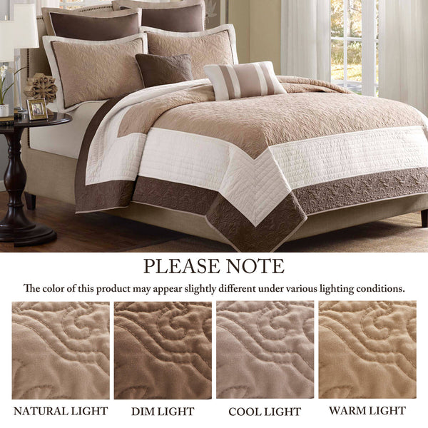JLA Home Madison Park - 7 Piece Quilt Set evokes hotel-inspired Damask elegance with breathable microfiber fill for year-round comfort 104 L x 94 W x 0.25H MP13-241