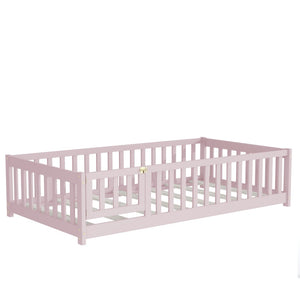 English Elm Twin Solid Rubberwood Floor Bed with Full Perimeter Safety Rails for Toddler Rooms Pink W504P296782