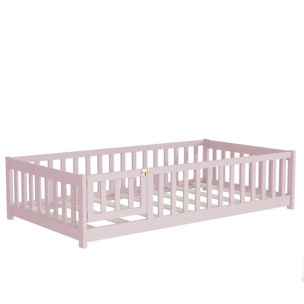 English Elm Twin Solid Rubberwood Floor Bed with Full Perimeter Safety Rails for Toddler Rooms Pink W504P296782