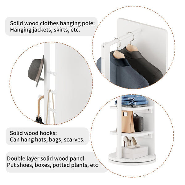 English Elm 360° Rotating Full Length Mirror with Coat Hooks Solid Rubberwood Frame White Bedroom W2987P289172
