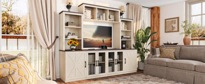English Elm Wall Unit Entertainment Center with Built in Charging Mdf Media Console Open Shelving Beige W1580S00436