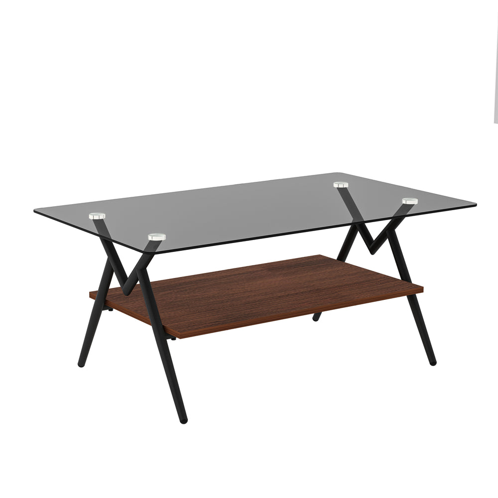English Elm Coffee Table Set Of 3 With Gray Tempered Glass Top, Stylish Mdf Shelf & Iron Legs For Modern Living W241S00047