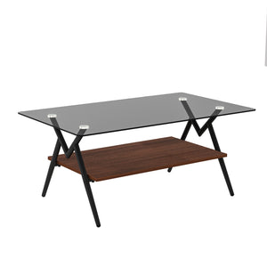 English Elm Coffee Table Set Of 3 With Gray Tempered Glass Top, Stylish Mdf Shelf & Iron Legs For Modern Living W241S00047