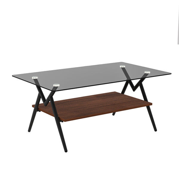 English Elm Coffee Table Set Of 3 With Gray Tempered Glass Top, Stylish Mdf Shelf & Iron Legs For Modern Living W241S00047