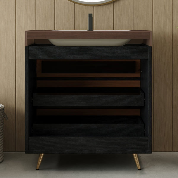 English Elm Modern Freestanding Vanity with Ceramic Vessel Sink and Gold Leg Sintered Stone Top W3136S00051