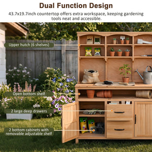 English Elm (with Hutch) Topmax Solid Fir Outdoor Potting Bench Station Cabinets Drawers Patio Garden Natural Wood N717P404332A