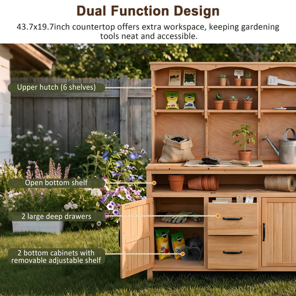 English Elm (with Hutch) Topmax Solid Fir Outdoor Potting Bench Station Cabinets Drawers Patio Garden Natural Wood N717P404332A