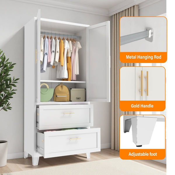 English Elm 71" Tall Metal Wardrobe Cabinet with 2 Drawers, Adjustable Shelf & Hanging Rod — Space-Saving White Closet Organizer W3387P351602