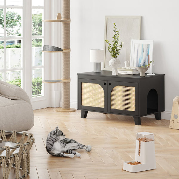 English Elm Flip Top Hidden Cat Litter Box Enclosure with Rattan Doors, Flip-Top Access, Odor Control, Stylish Table Ready Black T3623P354969