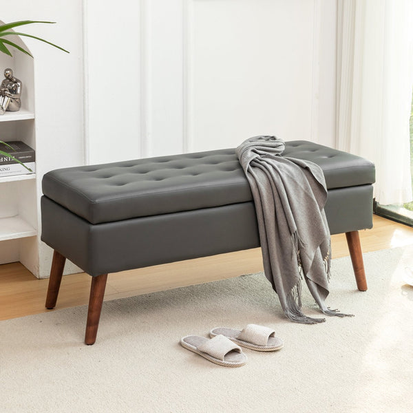 English Elm Storage Bench Dark Grey PU Leather Ottoman with 7.8" Hidden Compartment, Solid Wood Legs, 300lb Capacity W2200P152168