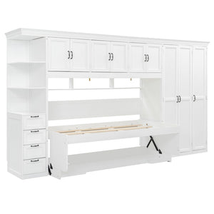 English Elm Twin Murphy Wall Bed with Integrated Desk Wardrobe and Storage Cabinet in White LP000767AAK
