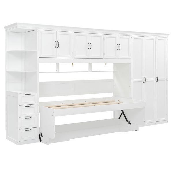 English Elm Twin Murphy Wall Bed with Integrated Desk Wardrobe and Storage Cabinet in White LP000767AAK