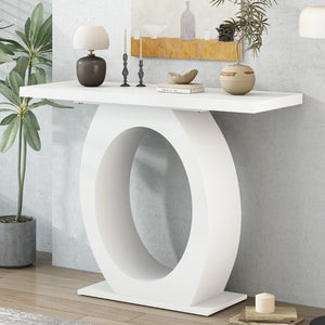 English Elm Mirod Sculptural Console Table Acacia Veneer Gloss Top Egg Base Entryway Accent Beige N760P214780W
