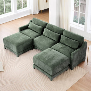 English Elm Three-Seater Sofa Set With 2 Ottomans & Lumbar Pillow, Elegant Chenille, Durable & Stylish Green Design W714S01218-GIGA
