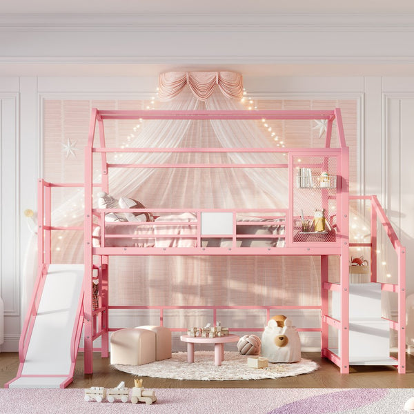 English Elm Twin House Loft Bed with Slide and Stairs, Metal Playhouse with Storage Shelves and Quiet Design Pink W1580S00349