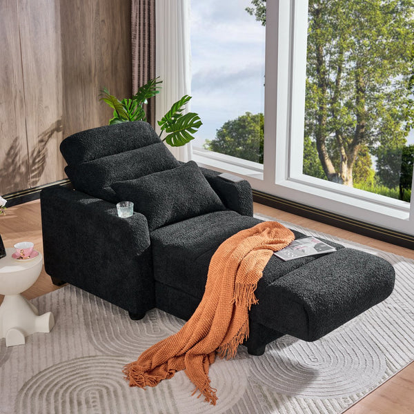 English Elm Electric Lounge Chair with Adjustable Backrest, Lambswool Upholstery, Wireless Charger & Cup Holder Black W2817P255603