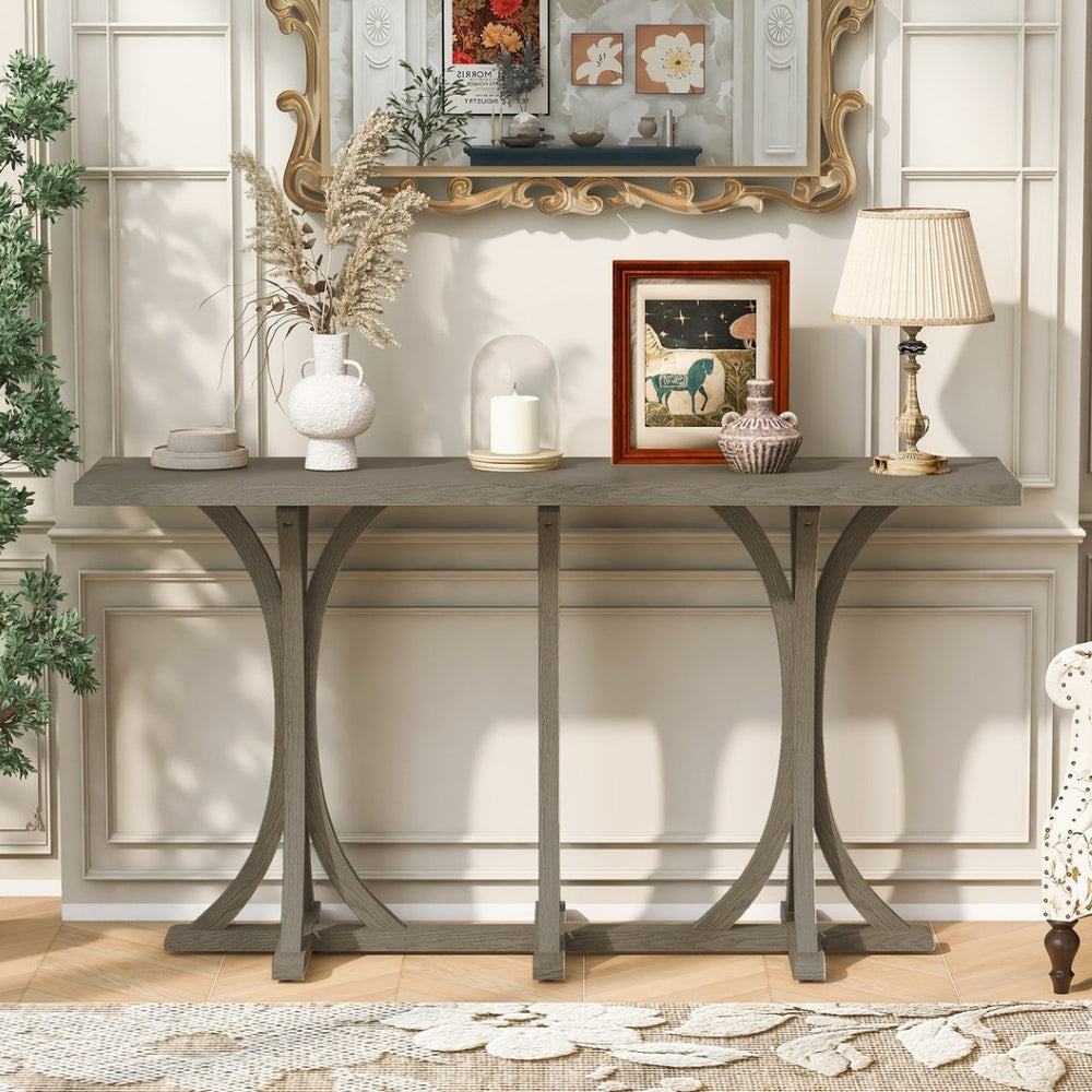 English Elm U-style Farmhouse Console Table Oak Veneer Top Curved Rubberwood Legs Entryway Gray N711P295300E
