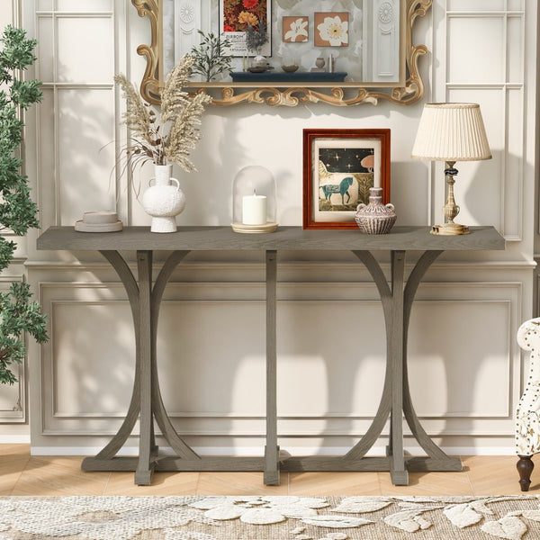 English Elm U-style Farmhouse Console Table Oak Veneer Top Curved Rubberwood Legs Entryway Gray N711P295300E