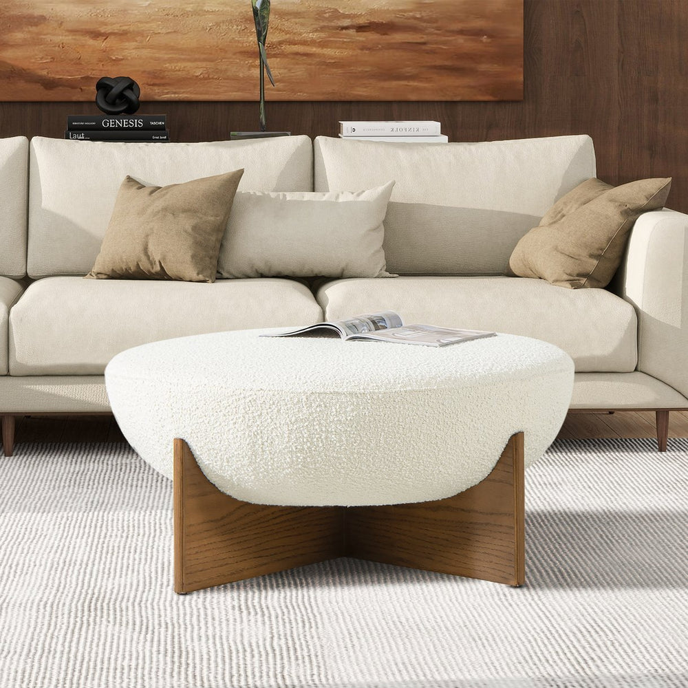 English Elm Jennifer Taylor Home - Bali 37" Round Upholstered Cocktail Ottoman — Ivory Bouclé, Rubberwood Base, Versatile Seat/Table (90) B2719P238428