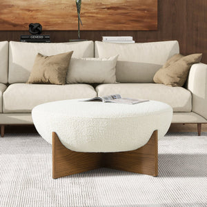 English Elm Jennifer Taylor Home - Bali 37" Round Upholstered Cocktail Ottoman — Ivory Bouclé, Rubberwood Base, Versatile Seat/Table (90) B2719P238428