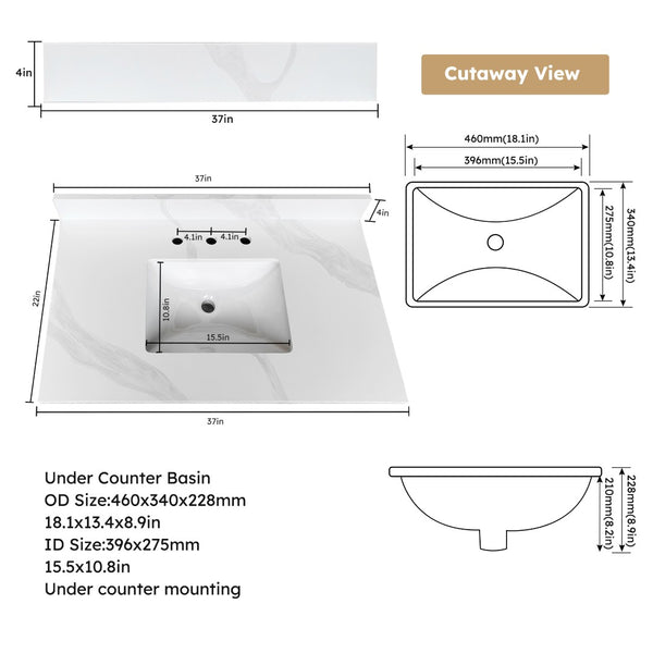 English Elm 37-inch Carrara Quartz Vanity Top Undermount Sink Backsplash Stain Resistant Bath W2699P459406