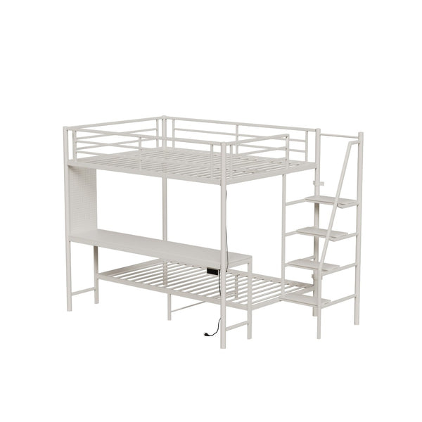 English Elm Black Metal Loft Bed with Built-in Desk Rgb Led Lighting and Charging Station White W1671S00010