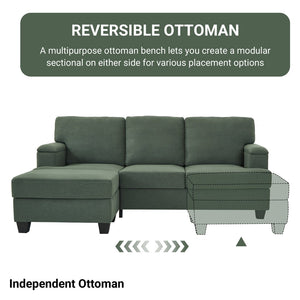 English Elm 86" Linen Sectional Sofa with Storage Ottoman Reversible Chaise for Small Spaces Dark Green W1669S00037