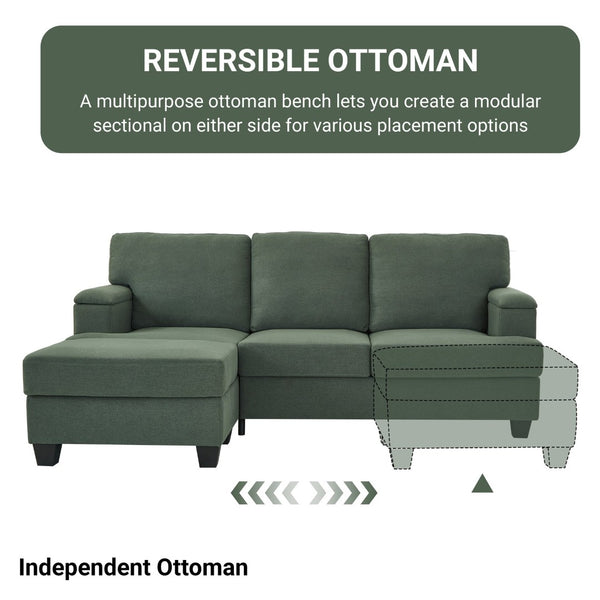 English Elm 86" Linen Sectional Sofa with Storage Ottoman Reversible Chaise for Small Spaces Dark Green W1669S00037