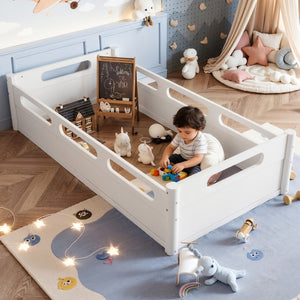 English Elm Twin Low Profile Floor Bed with Guardrails Pine Wood Frame Minimalist Bedroom White W1580P438763