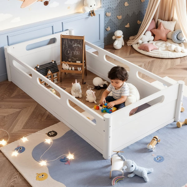 English Elm Twin Low Profile Floor Bed with Guardrails Pine Wood Frame Minimalist Bedroom White W1580P438763