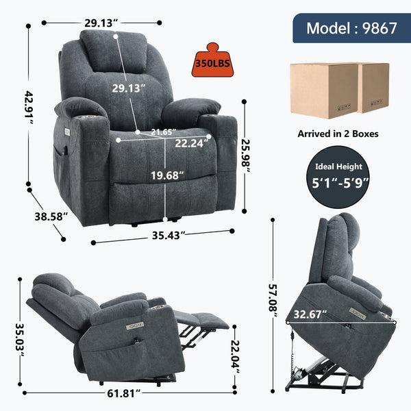 English Elm Up to 350 Lbs Chenille Power Lift Recliner with Massage Heating and Usb Charging Ports Grey W3224S00025