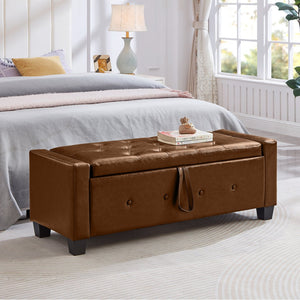 English Elm 48" Storage Ottoman Bench with Tufted Faux Leather Upholstery, Solid Wood Frame & 300lb Capacity Brown W1097P338778