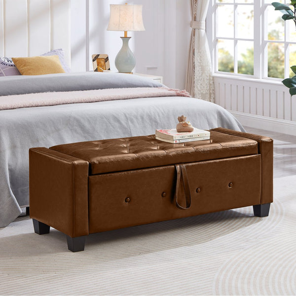 English Elm 48" Storage Ottoman Bench with Tufted Faux Leather Upholstery, Solid Wood Frame & 300lb Capacity Brown W1097P338778