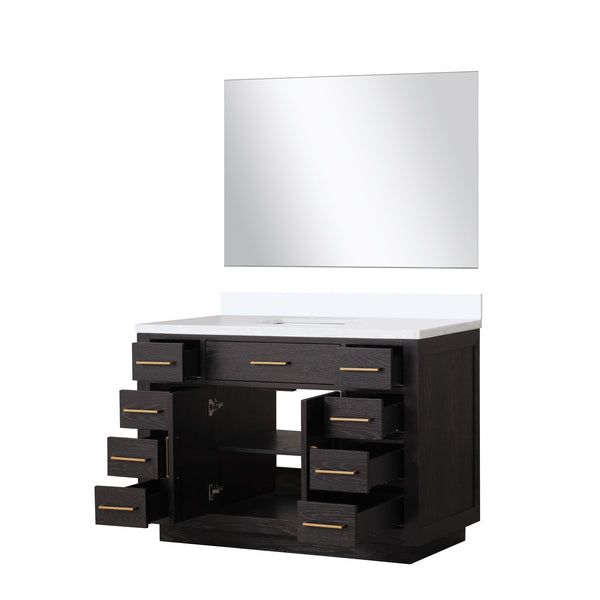 English Elm Black Oak Single Bath Vanity Set With White Quartz Top & Frameless Mirror For Modern Bathrooms B2731S02118