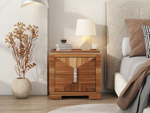 English Elm Mid-century Modern Nightstand with Diamond Geometric Drawers and Heavy Duty Wood Base Light Brown N761P324094M