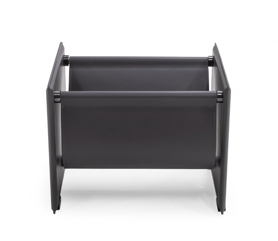 VIG Furniture Uriah Grey Magazine Rack In Saddle Leather With Black Titanium Frame — Mid-Century Modern Storage, No Assembly Needed VGWCE321-MR-ET
