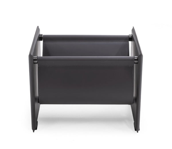 VIG Furniture Uriah Grey Magazine Rack In Saddle Leather With Black Titanium Frame — Mid-Century Modern Storage, No Assembly Needed VGWCE321-MR-ET