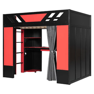 English Elm Full Size Loft Bed with Desk Blackout Curtains Rgb Lighting and Integrated Storage Black+Red LT000377AAJ
