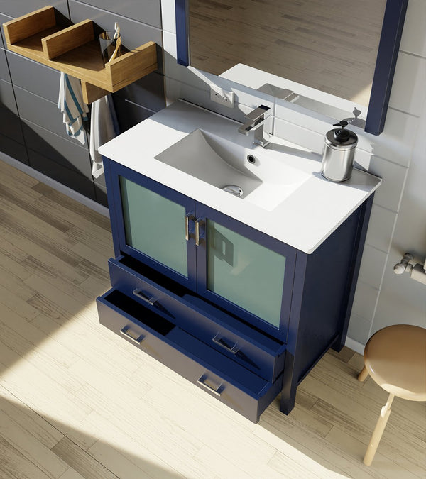 English Elm Navy Blue Bath Vanity 36” W X 18.25” D With White Ceramic Top, Soft-Close Drawers & Ample Storage B2731P260443