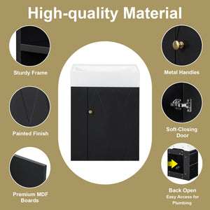 English Elm 20 Modern Wall-Mounted Bathroom Vanity with Ceramic Sink, Diamond Door, Gold Handles & Shelves — Compact Black N725P314033B